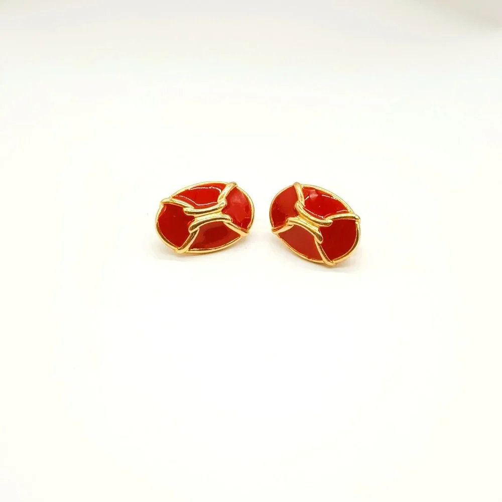 Gold Red Enamel Oval Earrings Clip On Statement Holiday Jewelry